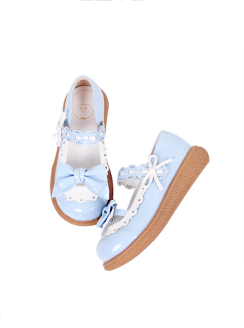 Round Head Two-Color Matching Hollow Shape Design Cute Bow Knot Lolita Buckle Flat Shoes