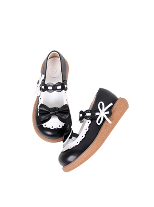 Round Head Two-Color Matching Hollow Shape Design Cute Bow Knot Lolita Buckle Flat Shoes