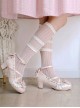 Small Round Head Leather Double Wrinkled Lace Hollow Heart Shape Design Bow Knot Decoration Lolita High Heels