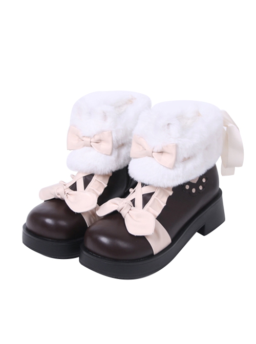 Autumn And Winter Cute Short Plush Round Head Color-Matching Bow Knot Decoration Delicate Cat Paw Embroidery Zip Short Martin Boots