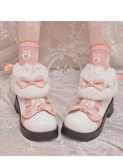 Autumn And Winter Cute Short Plush Round Head Color-Matching Bow Knot Decoration Delicate Cat Paw Embroidery Zip Short Martin Boots