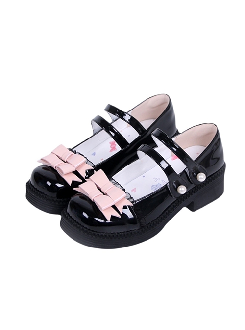 Square Head Sweet Double Row Color Block Bow Knot Pearl Buckle Decoration Shallow Mouth Lolita Chunky High Heels