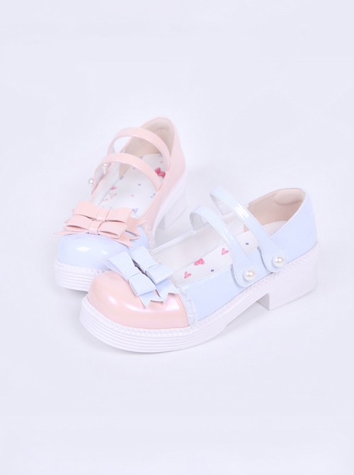 Square Head Sweet Double Row Color Block Bow Knot Pearl Buckle Decoration Shallow Mouth Lolita Chunky High Heels