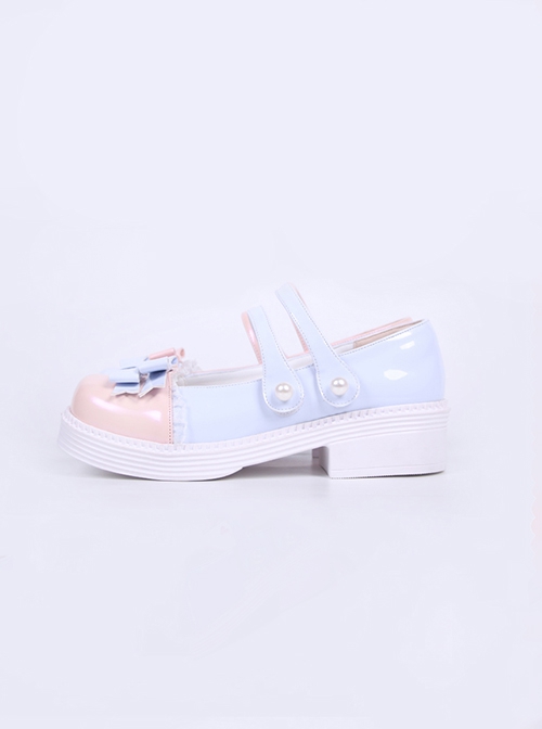 Square Head Sweet Double Row Color Block Bow Knot Pearl Buckle Decoration Shallow Mouth Lolita Chunky High Heels