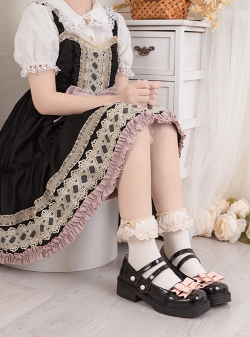 Square Head Sweet Double Row Color Block Bow Knot Pearl Buckle Decoration Shallow Mouth Lolita Chunky High Heels