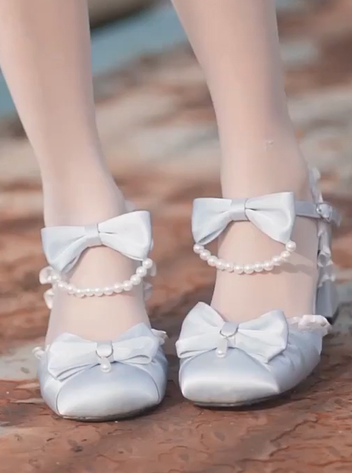 Solid Color Round Head Pleated Lace Trim Pearl Bow Knot Decoration Lolita High Heels