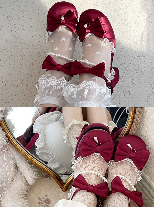 Solid Color Round Head Pleated Lace Trim Pearl Bow Knot Decoration Lolita High Heels