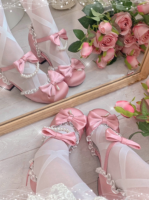 Solid Color Round Head Pleated Lace Trim Pearl Bow Knot Decoration Lolita High Heels