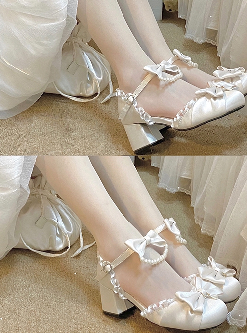 Solid Color Round Head Pleated Lace Trim Pearl Bow Knot Decoration Lolita High Heels