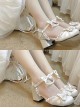 Solid Color Round Head Pleated Lace Trim Pearl Bow Knot Decoration Lolita High Heels