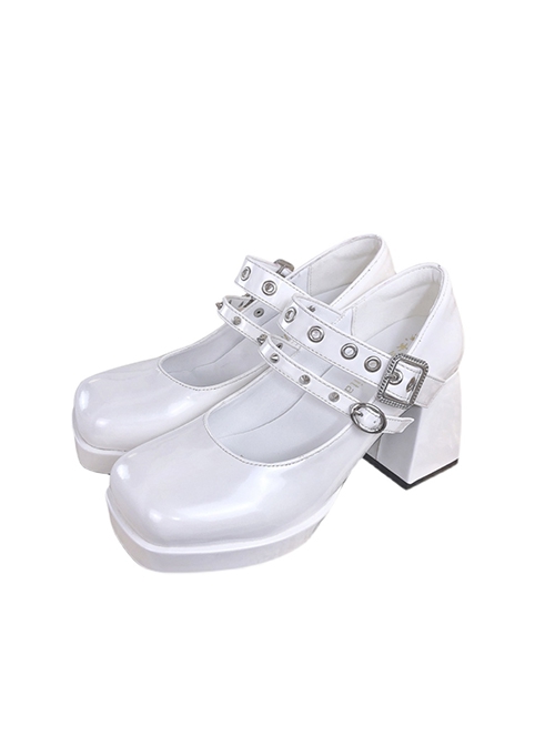 Simple Retro Square Head Chunky Heel Double Row Metal Ring Buckle Decoration Lolita High Heels