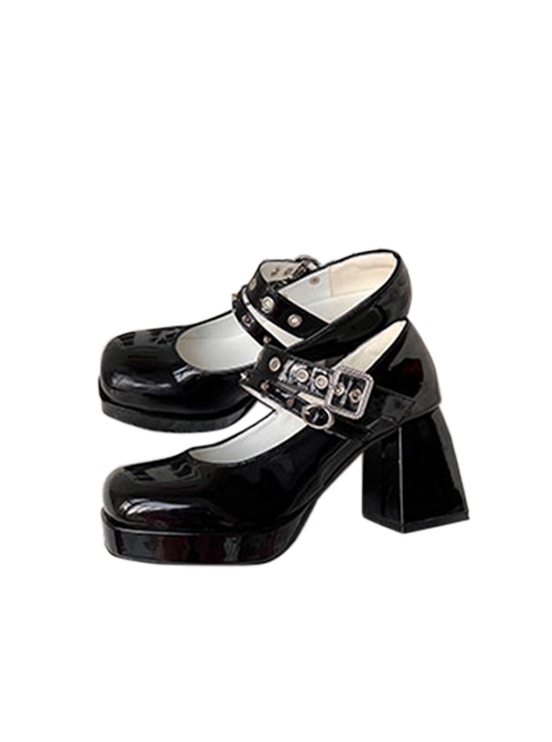 Simple Retro Square Head Chunky Heel Double Row Metal Ring Buckle Decoration Lolita High Heels