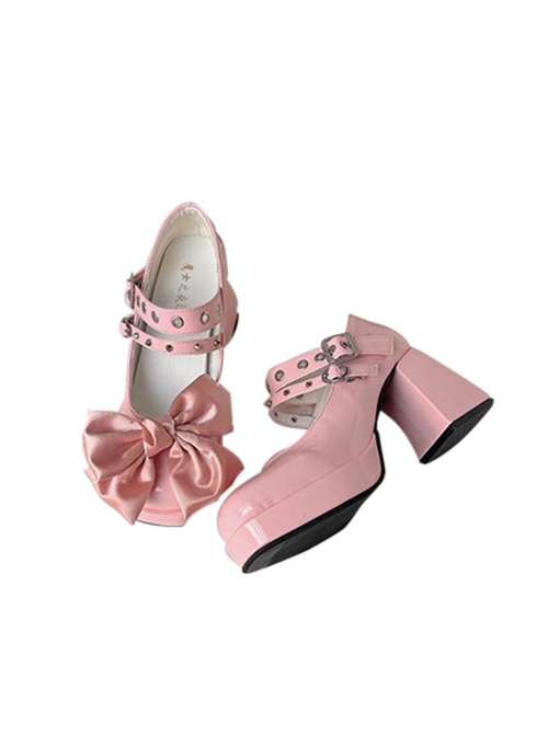 Simple Retro Square Head Chunky Heel Double Row Metal Ring Buckle Decoration Lolita High Heels