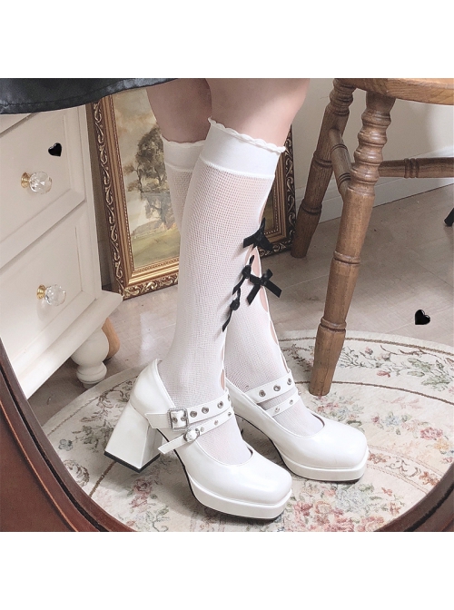 Simple Retro Square Head Chunky Heel Double Row Metal Ring Buckle Decoration Lolita High Heels