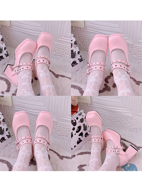 Simple Retro Square Head Chunky Heel Double Row Metal Ring Buckle Decoration Lolita High Heels