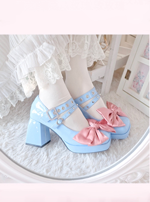 Simple Retro Square Head Chunky Heel Double Row Metal Ring Buckle Decoration Lolita High Heels