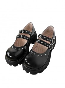 Japanese Style Thick Bottom Shallow Mouth Round Head Double Row Metal Rivet Decoration Low Heel Shoes