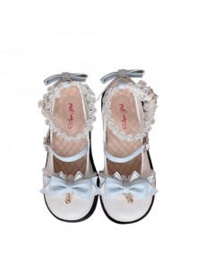 Round Toe Pleated Lace Colorblock Bow Knot Decoration Metal Bell Pentagram Buckle Lolita Flat Shoes