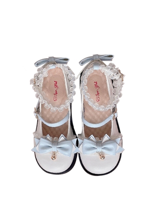 Round Toe Pleated Lace Colorblock Bow Knot Decoration Metal Bell Pentagram Buckle Lolita Flat Shoes