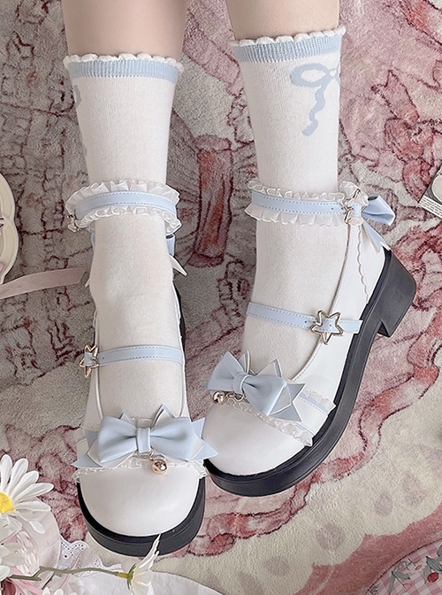 Round Toe Pleated Lace Colorblock Bow Knot Decoration Metal Bell Pentagram Buckle Lolita Flat Shoes