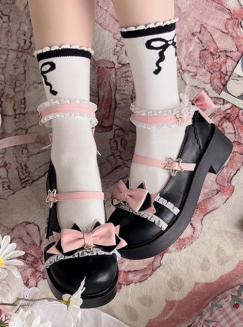 Round Toe Pleated Lace Colorblock Bow Knot Decoration Metal Bell Pentagram Buckle Lolita Flat Shoes