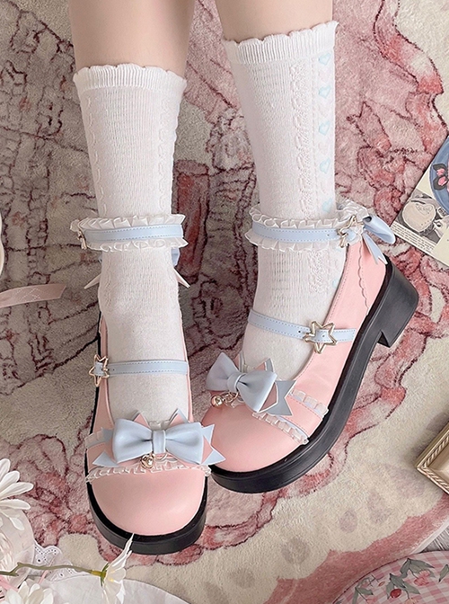 Round Toe Pleated Lace Colorblock Bow Knot Decoration Metal Bell Pentagram Buckle Lolita Flat Shoes