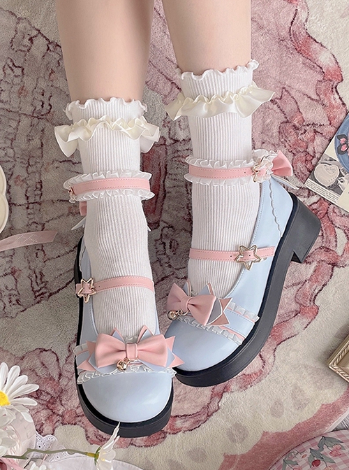 Round Toe Pleated Lace Colorblock Bow Knot Decoration Metal Bell Pentagram Buckle Lolita Flat Shoes