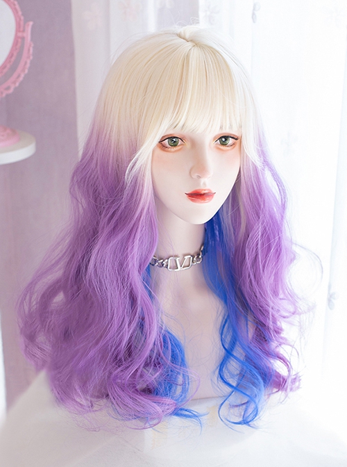 Sexy White And Blue Gradient Highlight Purple Long Curly Hair Air Bangs Lolita Wigs