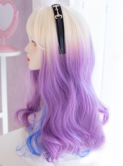 Sexy White And Blue Gradient Highlight Purple Long Curly Hair Air Bangs Lolita Wigs