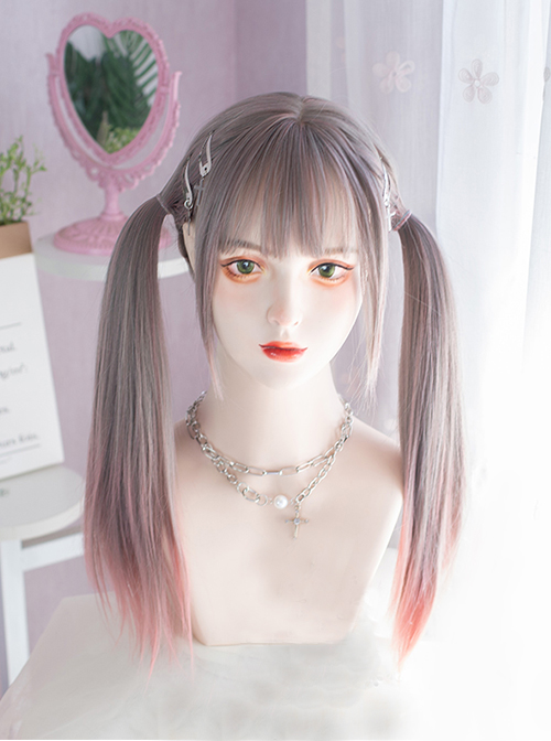 Air Bangs Grey Pink Gradientcute Long Straight Hair Cute Lolita Wigs