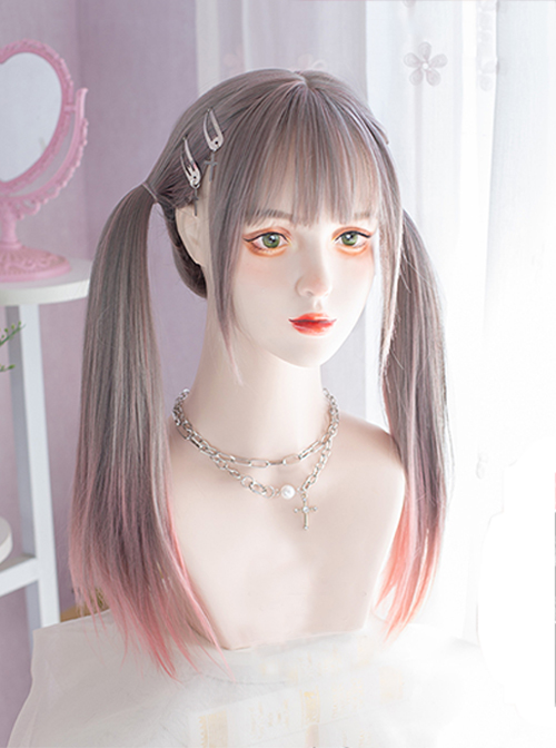 Air Bangs Grey Pink Gradientcute Long Straight Hair Cute Lolita Wigs