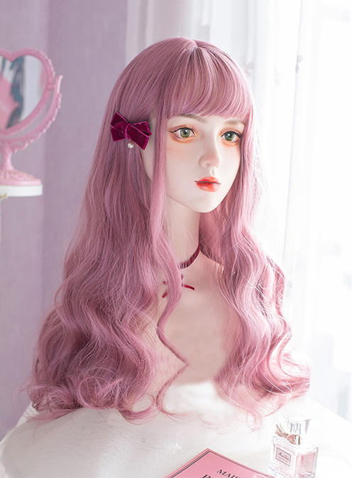 Coral Peach Pink Air Bangs Cute Long Curly Hair Lolita Wigs