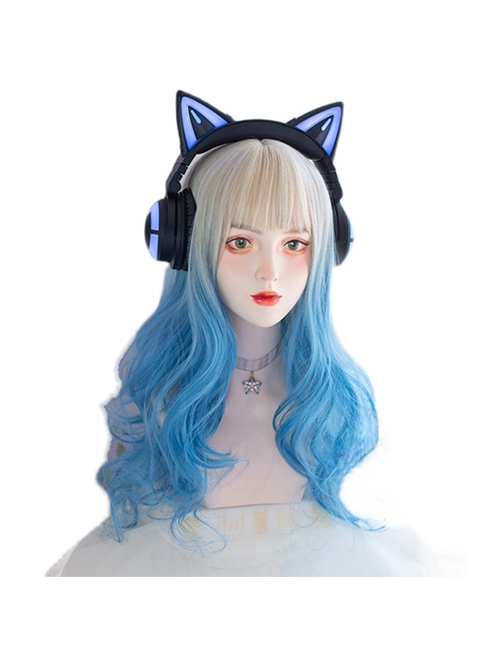 Beige Gradient Blue Air Bangs Fashion Long Curly Hair Lolita Breathable Mesh Wigs