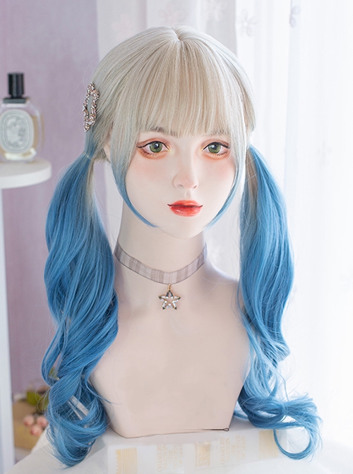 Beige Gradient Blue Air Bangs Fashion Long Curly Hair Lolita Breathable Mesh Wigs