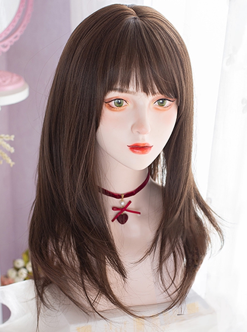 Daily Cute Cold Brown Oblique Bangs Long Micro Volume Straight Hair Lolita Wigs