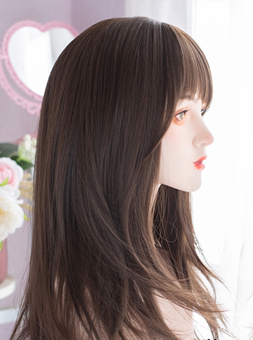 Daily Cute Cold Brown Oblique Bangs Long Micro Volume Straight Hair Lolita Wigs