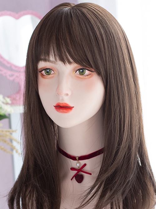 Daily Cute Cold Brown Oblique Bangs Long Micro Volume Straight Hair Lolita Wigs