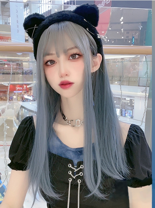 Grey Blue Gradient Dark Punk Style Long Straight Hair Classic Lolita Wigs