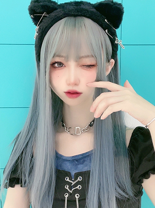 Grey Blue Gradient Dark Punk Style Long Straight Hair Classic Lolita Wigs