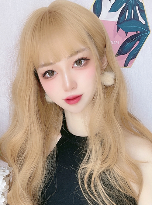 Sexy Fashion Air Bangs Gold Big Waves Long Curly Hair Lolita Wigs