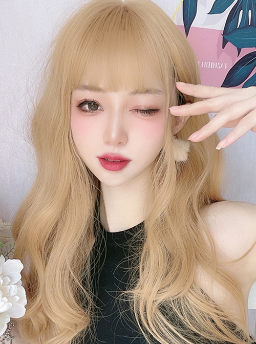 Sexy Fashion Air Bangs Gold Big Waves Long Curly Hair Lolita Wigs