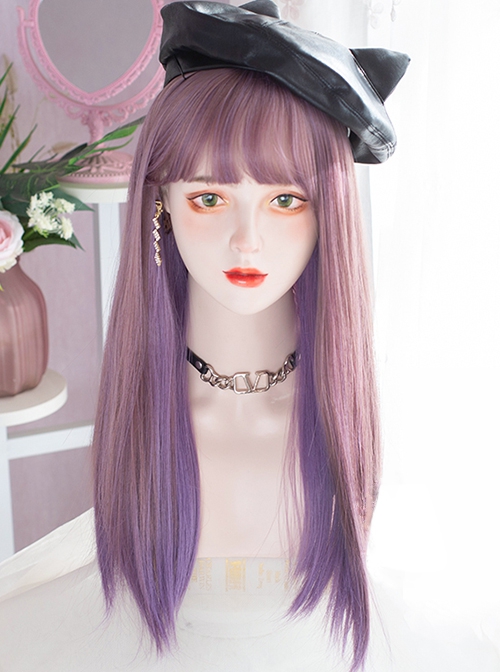 Personalized Two-Color Hanging Ear Dye Purple Air Bangs Fashion Long Straight Hair Lolita Wigs