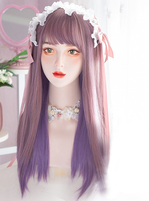 Personalized Two-Color Hanging Ear Dye Purple Air Bangs Fashion Long Straight Hair Lolita Wigs