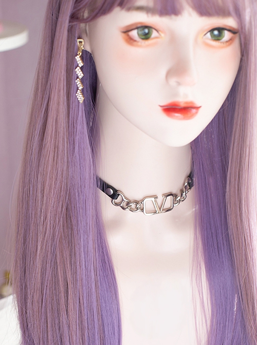 Personalized Two-Color Hanging Ear Dye Purple Air Bangs Fashion Long Straight Hair Lolita Wigs