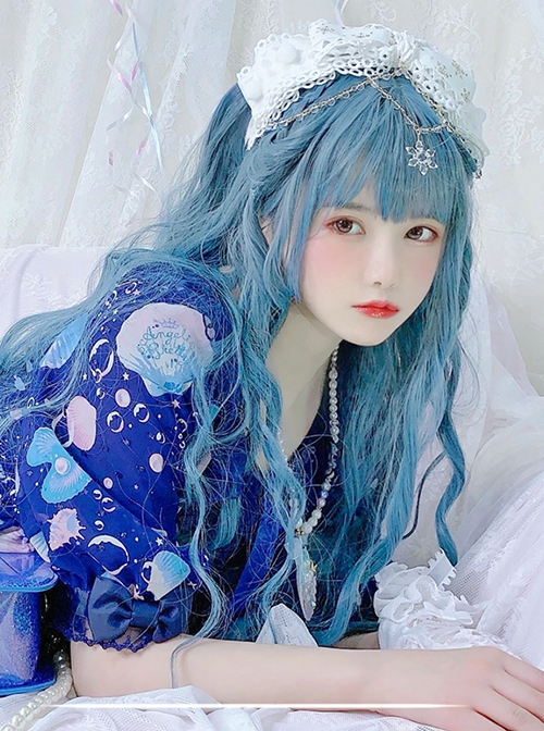 Cancer Series Haze Blue Water Ripples Long Curly Hair Classic Lolita Wigs
