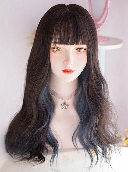 Dark Brown Natural Wavy Curls Hanging Ear Dyed Haze Blue Air Bangs Lolita Wigs