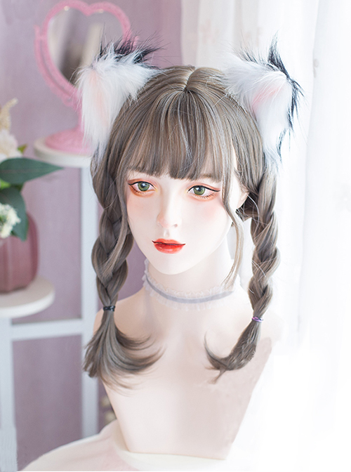 Aoki Linen Gray Braided Hair Double Small Twist Daily Cute Air Bangs Curly Hair Lolita Wigs