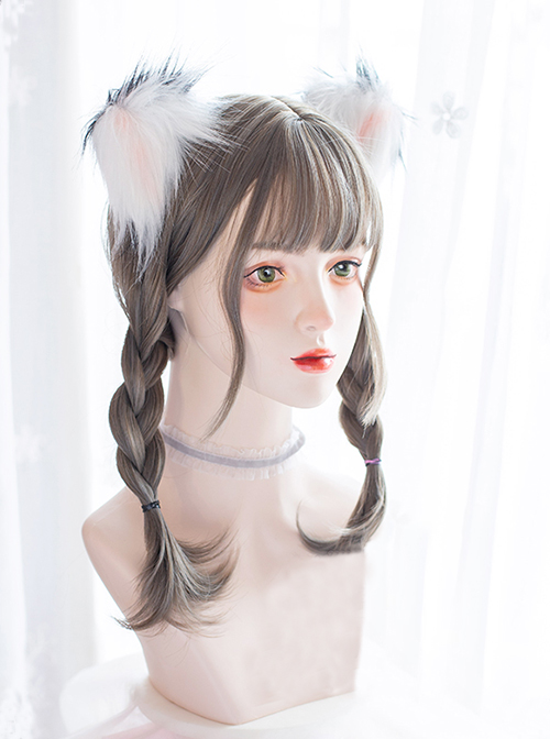 Aoki Linen Gray Braided Hair Double Small Twist Daily Cute Air Bangs Curly Hair Lolita Wigs