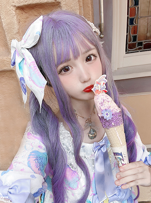 Libra Series Taro Purple Gradient Long Wavy Roll Sweet Lolita Air Bangs Wigs