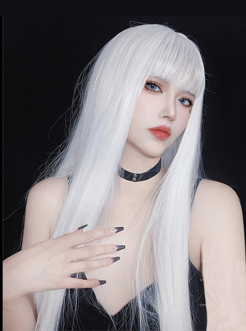 Pure White Cool Girl Cyberpunk Style Long Straight Hair Qi Bangs Lolita Wigs